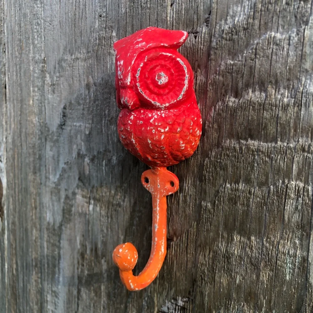 Upcycled Red and Orange Cast Iron Owl Hook